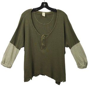 Free People We The Free Henley Top Womens XS Distressed 3/4 Sleeve Linen Blend